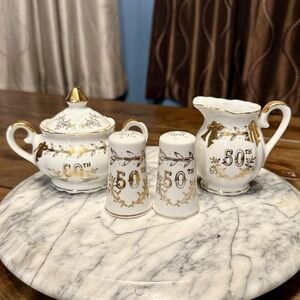 5pcs VTG Lefton 50th Wedding Anniversary Creamer Sugar Bowl Lid S & P Shakers